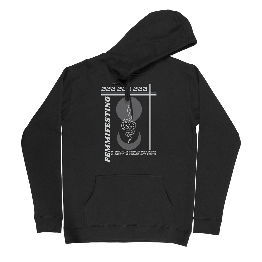 Unisex Black hoodie with 222 synchronicity number and Intentionally Cultivate Your Energy. Choose what vibrations to receive. 
